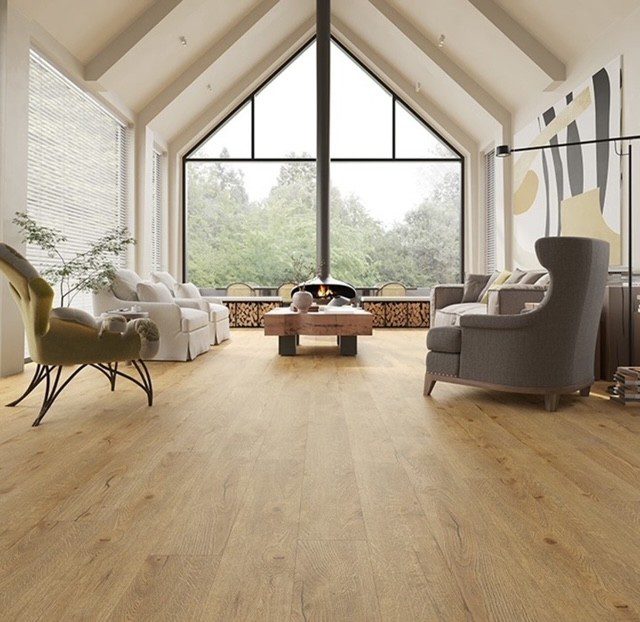 Light brown floor under vaulted ceiling