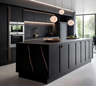 Dark kitchen with spherical lights